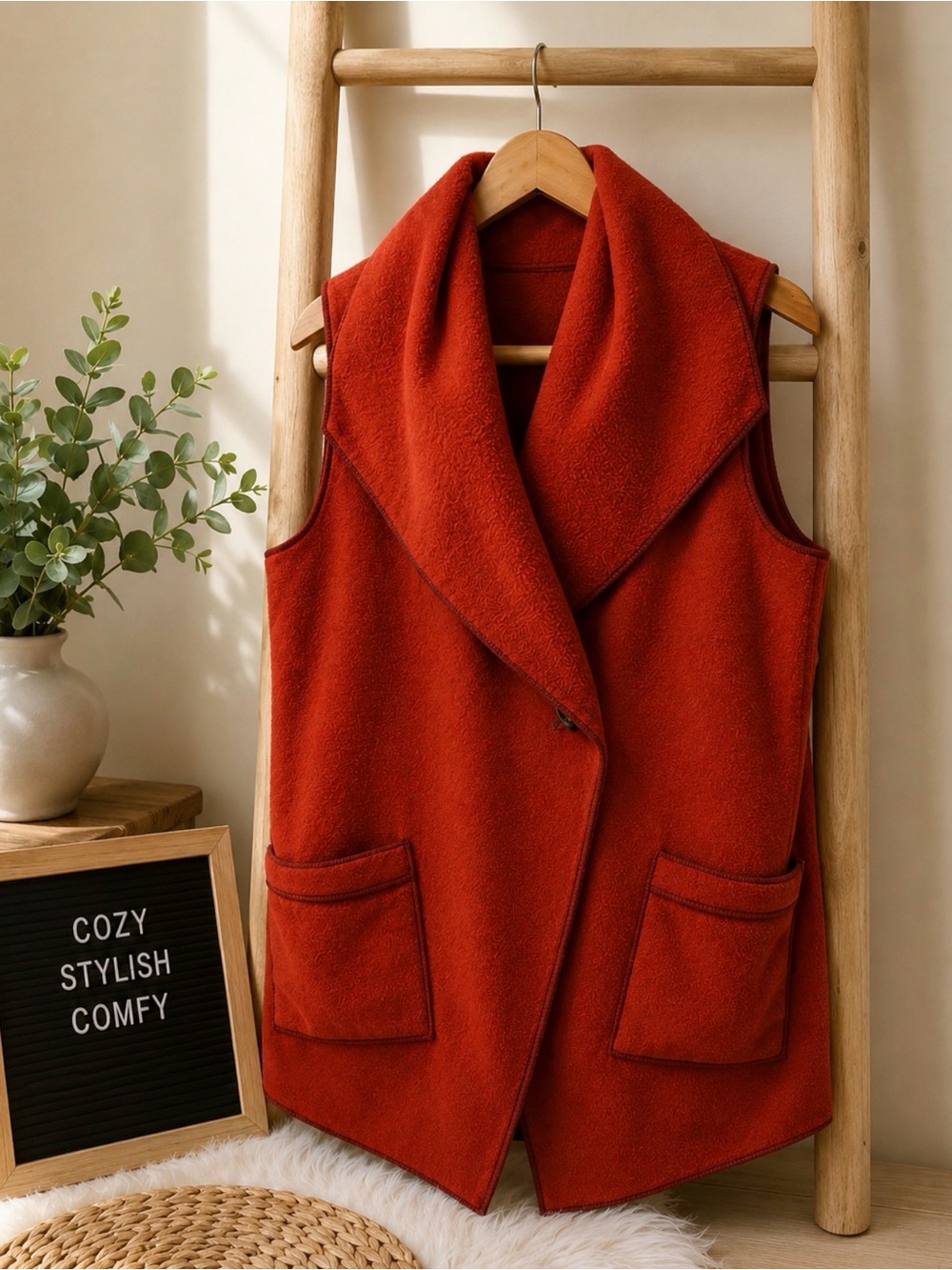 Women's Shawl Collar Sleeveless Vest in Burnt orange Cozy Layering size large